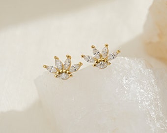 Tiny Marquise Earrings, 14K Gold Diamond Stud Earrings, Leaf Earrings, Sterling Silver Minimalist Earrings, Gift for Her