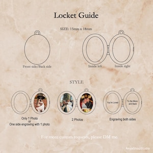 May include: A locket guide infographic showing an oval locket measuring 15mm x 18mm. It displays the front, back, and open interior views. Options include one photo, two photos, or engraving on both sides with text reading You're Loved and To the Moon and Back.
