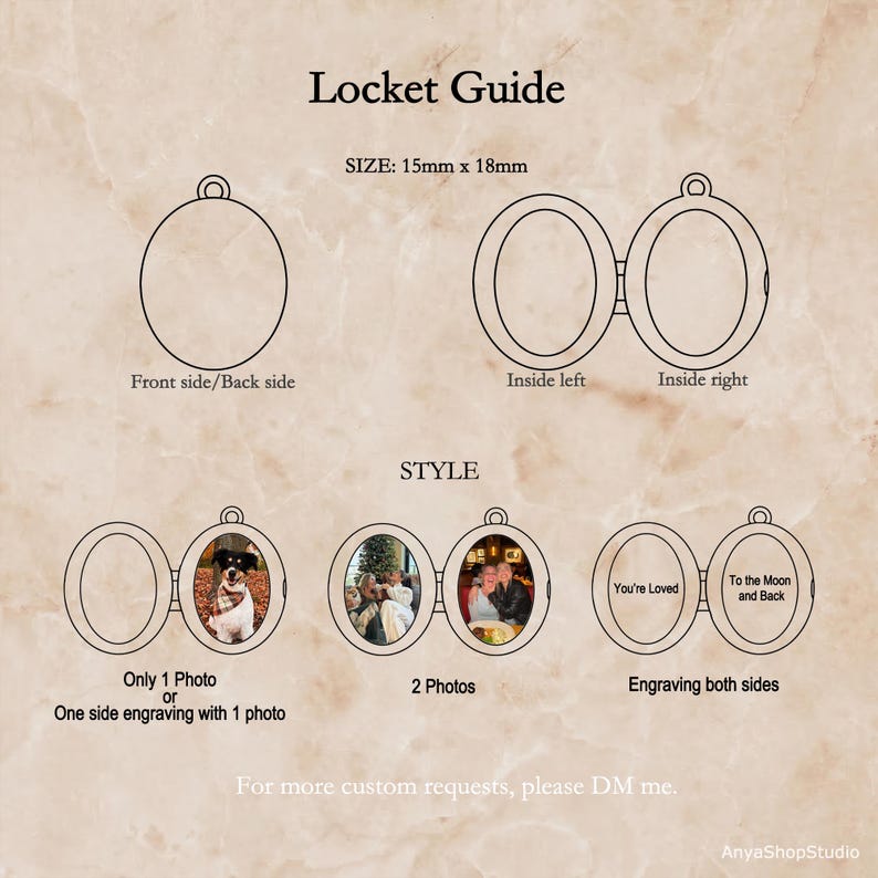 May include: A locket guide infographic showing an oval locket measuring 15mm x 18mm. It displays the front, back, and open interior views. Options include one photo, two photos, or engraving on both sides with text reading You're Loved and To the Moon and Back.