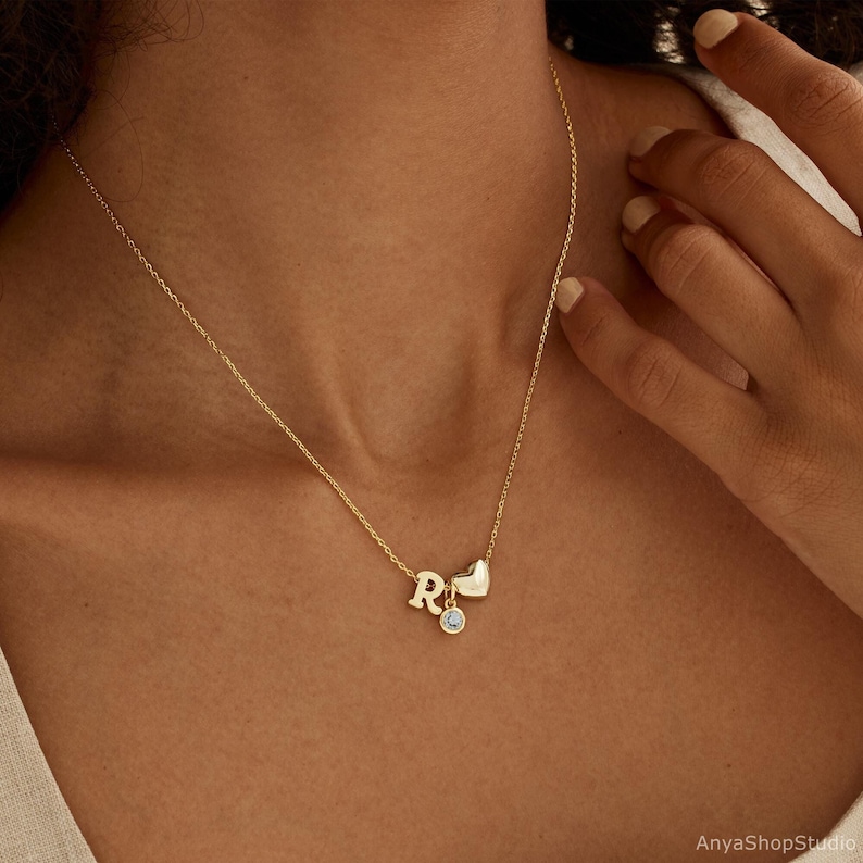Custom Birthstone Initial Necklace, Heart Pendent Necklace, Initial Necklace for Kids, Personalized Gift, Birthday Gift for Kids, Gift for her image 1