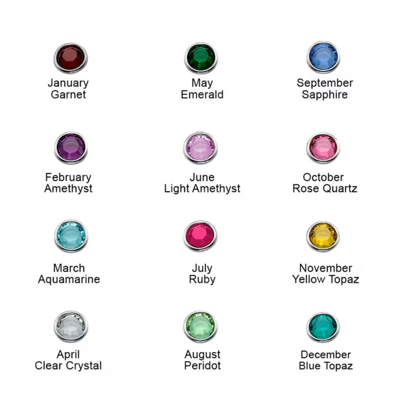 May include: A chart showing the birthstones for each month of the year. The chart shows a small round gemstone for each month, with the name of the month and the gemstone below it. The gemstones are: Garnet, Amethyst, Aquamarine, Clear Crystal, Emerald, Light Amethyst, Ruby, Peridot, Sapphire, Rose Quartz, Yellow Topaz, and Blue Topaz.