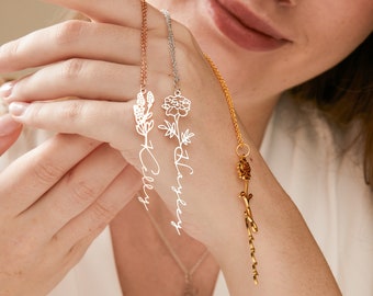 Collier personnalisé de nom de fleur de naissance, collier de nom personnalisé, cadeaux personnalisés pour elle, cadeau d’anniversaire pour maman, cadeaux de Noël 2023