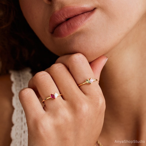 Custom Heart Birthstone Ring, 2 Birthstone Ring, Personalized Birthday Gift, Minimalist Stackable Ring, Couple Gift, Graduation Gift for Her