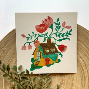 Postkarte | Mini Art Print „Flower Power House“ | Naturkarton Birkenholz 14,8 x 14,8 cm | klimaneutral gedruckt