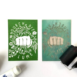 Linoldruck Postkarte “Durch die Blume“ | Karte mit Botschaft | Mini Print handgedruckt DIN A6 | Linolschnitt Faust floral