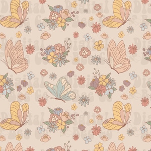 Boho Butterfly Floral Seamless Pattern, hand drawn wildflower butterfly muted minimal seamless digital file, floral butterfly digital paper