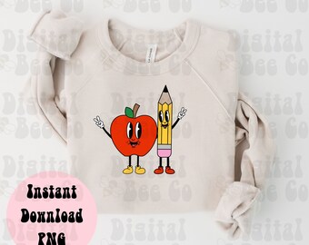 Retro Cartoon PNG, Cartoon Apple PNG, Cartoon Pencil PNG, Retro Back to school png, Back to school digital design, hand drawn sublimation