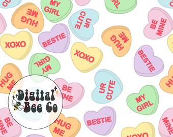 Conversation Hearts Seamless Pattern, Candy Heart digital paper, Valentines Day Seamless File, Conversation Heart valentines day fabric