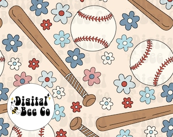 Floral Baseball Seamless Design, Girly Baseball digital paper, seamless file for fabric, repeating pattern, baseball floral png