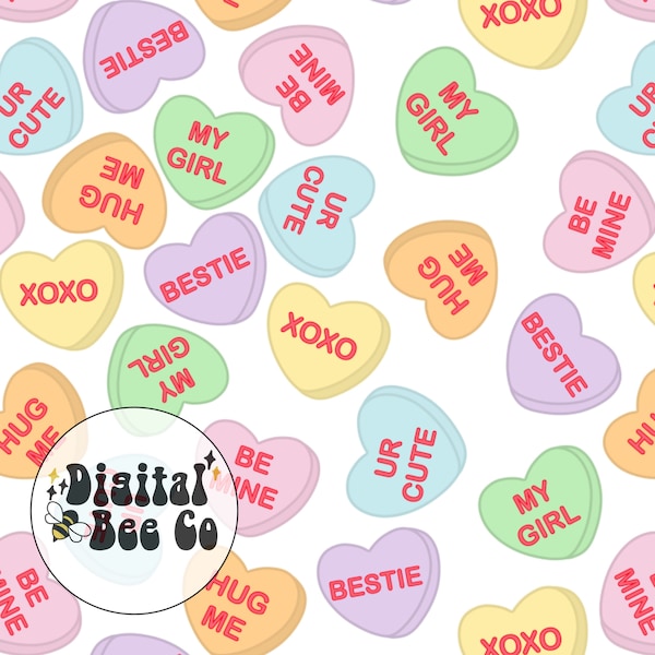 Conversation Hearts Seamless Pattern, Candy Heart digital paper, Valentines Day Seamless File, Conversation Heart valentines day fabric