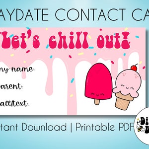 Playdate Kontaktkarte, lets keep in touch Karte, Ende des Schuljahres Kinderkontaktkarte, printable pdf, Eiscreme Playdate Karte, bleiben Sie in Kontakt