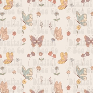 Boho Minimal Floral Butterfly Seamless Pattern, Boho Floral and Butterfly Digital Paper, Hand Drawn Boho Seamless Pattern, Fabric PNG retro