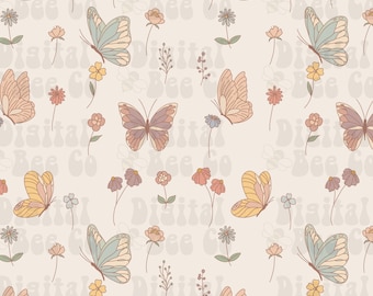 Boho Minimal Floral Butterfly Seamless Pattern, Boho Floral and Butterfly Digital Paper, Hand Drawn Boho Seamless Pattern, Fabric PNG retro