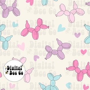 May include: A seamless pattern featuring pastel pink, purple, and blue balloon animal dogs on a cream background. The pattern also includes hearts and bees. The text "Digital Bee Co." is in a black circle with a bee graphic.
