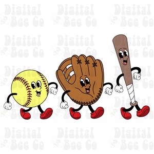 May include: Three cartoon characters, a baseball, a baseball glove, and a baseball bat, are walking with big smiles. They are all wearing red shoes and have white gloves.