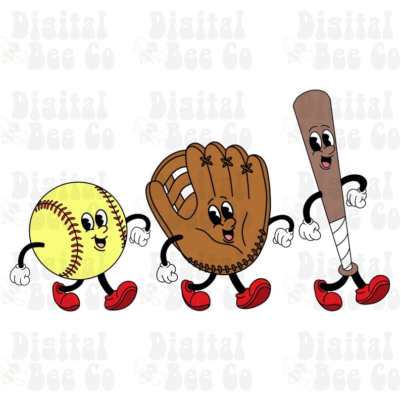 May include: Three cartoon characters, a baseball, a baseball glove, and a baseball bat, are walking with big smiles. They are all wearing red shoes and have white gloves.