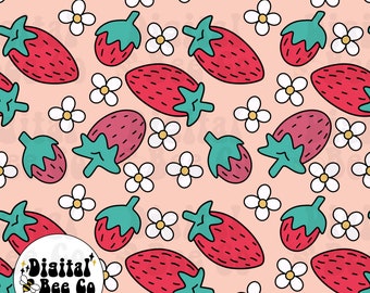 Strawberry Seamless File, Summer strawberry seamless design, strawberry floral repeating pattern, strawberry digital paper, muted strawberry