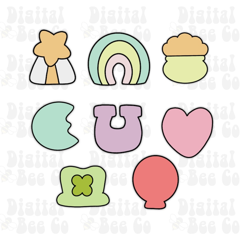 May include: Set of nine cookie cutters in various shapes and colors, including a rainbow, a pot of gold, a horseshoe, a shamrock, a heart, a leprechaun hat, and a star. The cookie cutters are made of metal and have a black outline.