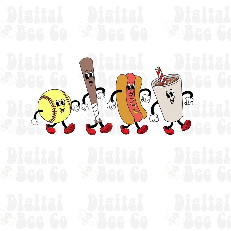 May include: A cartoon illustration of a baseball, bat, hot dog, and a cup of chocolate milk walking together. Each item has a smiling face and red shoes.