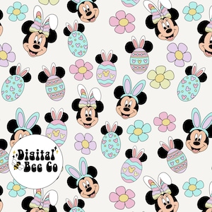 May include: A repeating pattern with Minnie and Mickey Mouse characters, each with Easter bunny ears, alongside decorated eggs and pastel flowers. The design includes the text "Digital Bee Co" in a circular logo. The color scheme features soft pinks, blues, and yellows.