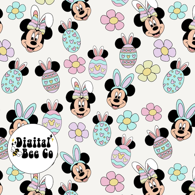 May include: A seamless pattern featuring Minnie Mouse and Mickey Mouse with Easter bunny ears, decorated Easter eggs, and pastel flowers. The design includes the text "Digital Bee Co" in a circular logo. The color palette includes pastel shades of pink, blue, and yellow.