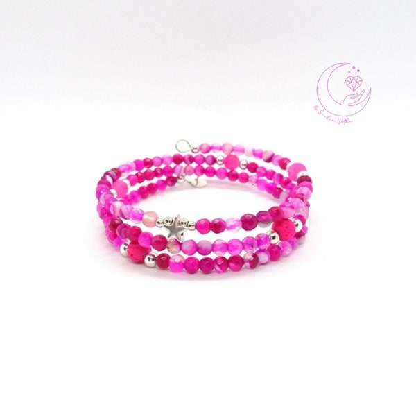 Bracelet à mémoire de forme en Agate Rose Fuchsia et Argent 925