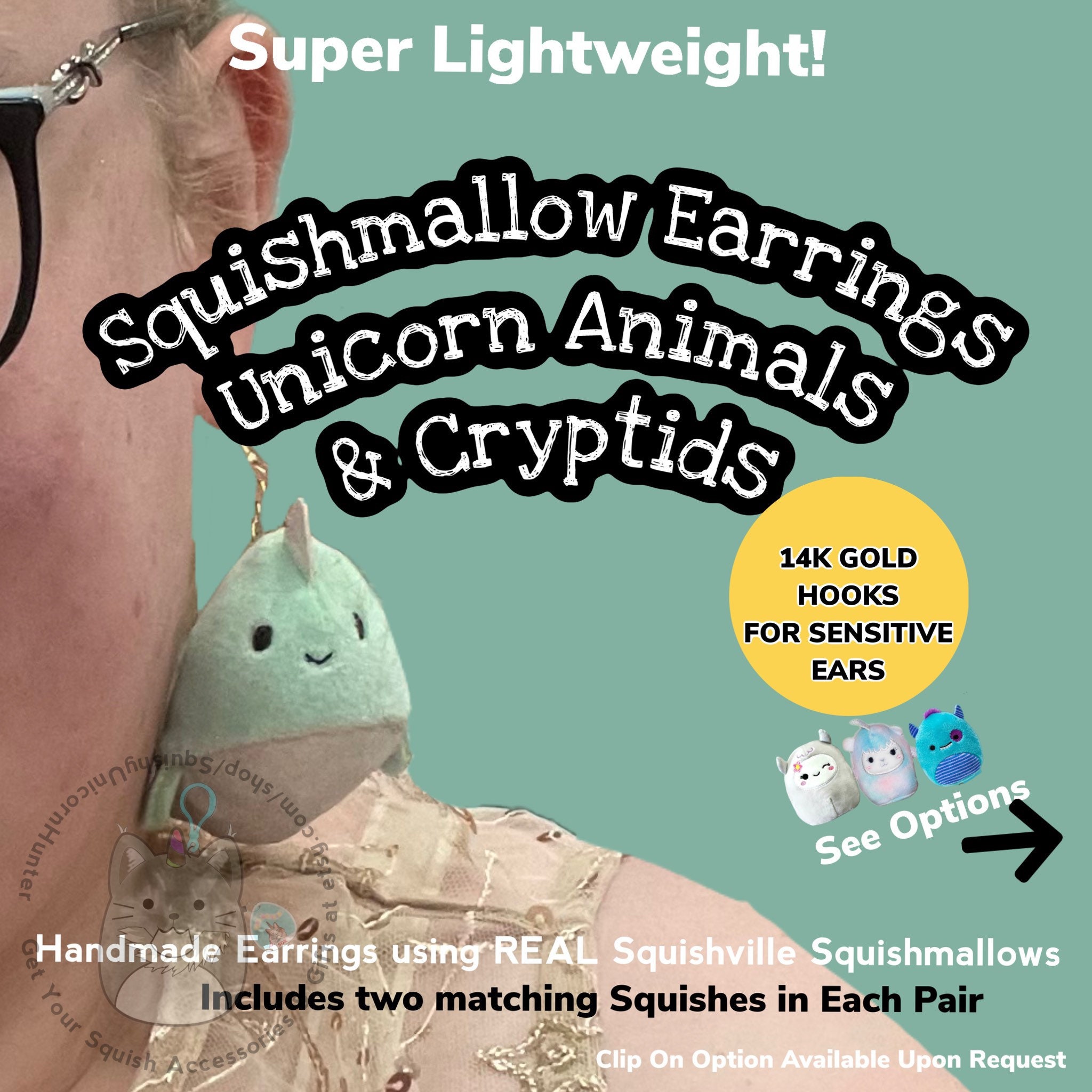 Unicorn Animals & Cryptids - Squishmallow Earrings - 2 Earrings - Real Squishville Toys Jewelry - Earrings Listing #4