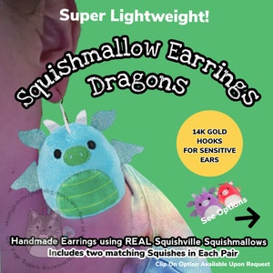 Dragons! Squishmallow Earrings - 2” Squishville Earrings - Real Squishmallow Toy Jewelry FREE SHIPPING Earring Listing #17