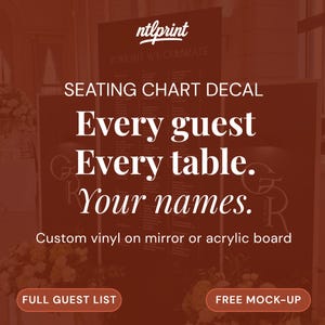 May include: A dark seating chart decal with the text "Every guest, Every table. Your names." The decal is custom vinyl and can be applied to a mirror or acrylic board. The ntlprint logo is at the top.