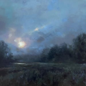 May include: A painting of a misty, blue landscape with a bright, white sun shining through the clouds. The sun is partially obscured by the clouds, creating a soft, ethereal glow. The landscape is dominated by dark green trees and bushes, which are silhouetted against the bright sky.