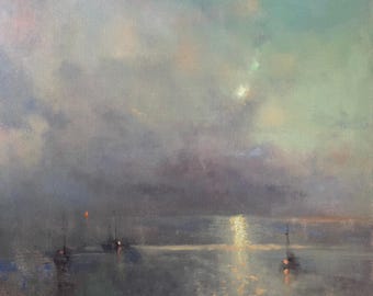 Sturgeon Moon Fine Art Print, Maritime Print, Sailing Art, Sailboat Painting, Moonlight at Sea, Ocean Print, Seascape at Night, Naval Art