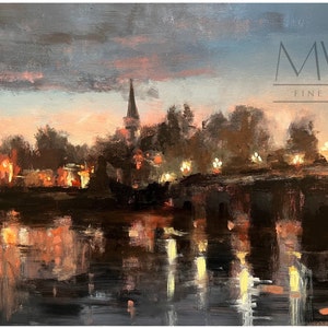 Over the Susquehanna River, Pennsylvania Market Street Bridge, Lewisburg PA, Original Fine Art, Bridge Painting, Night Print, Wall Decor