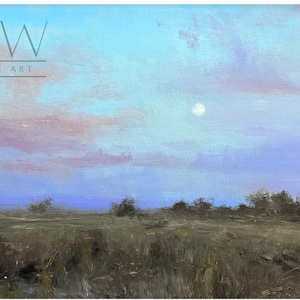 May include: A painting of a landscape with a full moon in the sky. The sky is a light blue with pink and purple clouds. The ground is a dark brown with tall grass. The painting is signed "MW Fine Art" in the bottom left corner.
