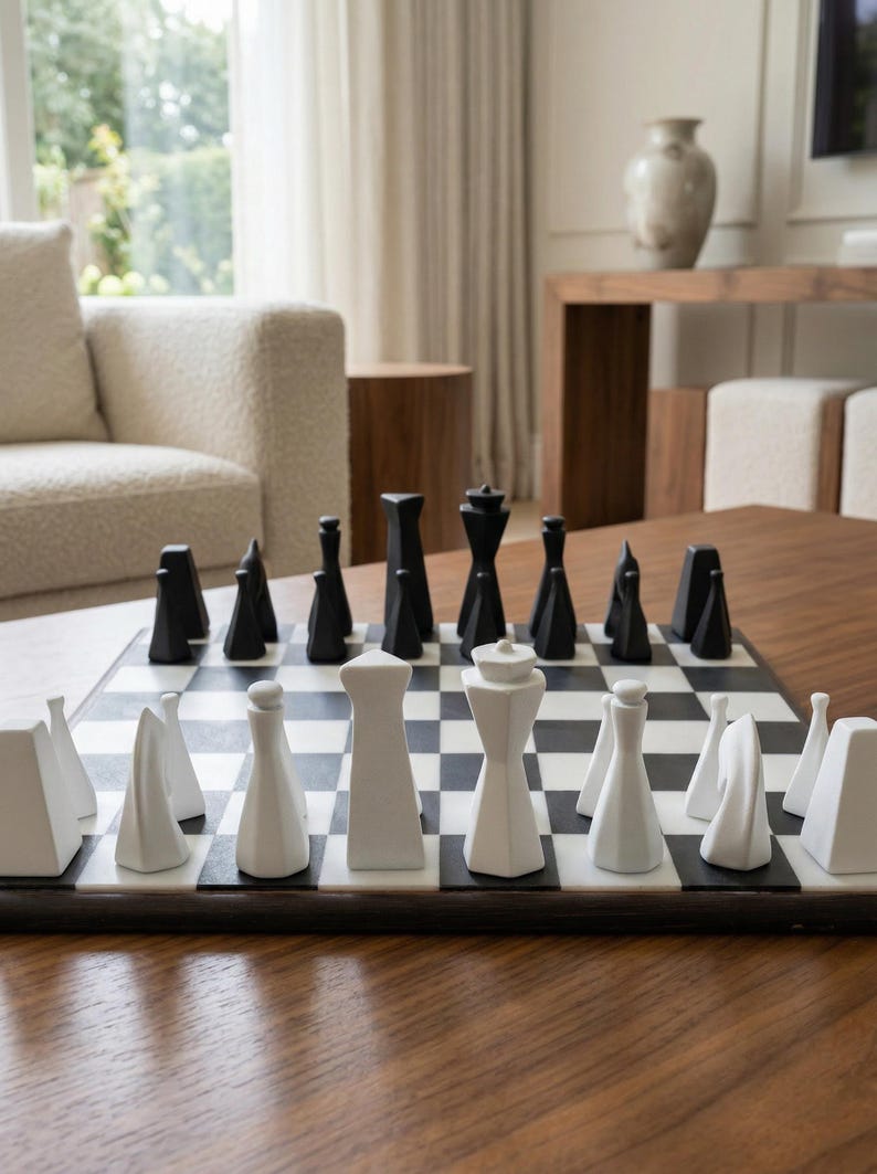 May include: A contemporary chess set with black and white pieces on a chequered board. The chess pieces have geometric designs. The board is on a dark wood table in a bright room.