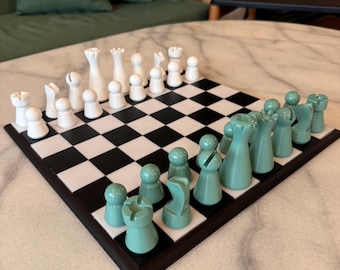 Chess Set Green | Lighthouse Model | Minimalist Handmade Modern Design | Weighted Pieces | Christmas Gift