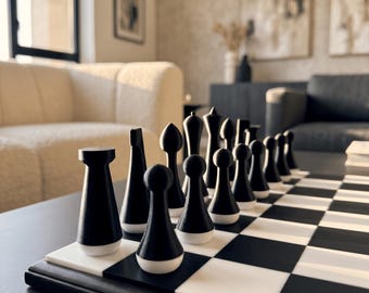 Modern Minimalist Chess Pieces– 3D Printed Black & White Chess Pieces – Scandinavian Style Chess – Gift for Chess Lovers – No Board