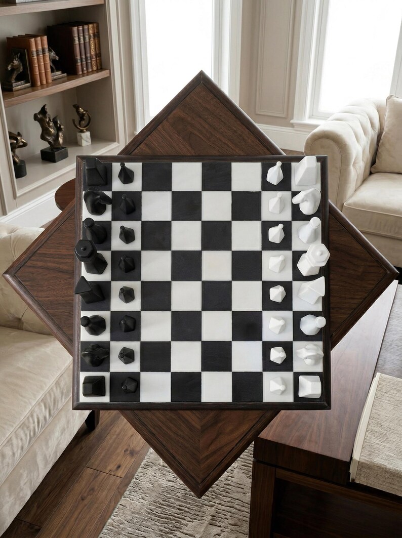 May include: A luxury chess set featuring a black and white chequered board and geometric black and white chess pieces. The board sits on a dark wood table with a diamond-shaped base. The chess set is in a well-lit room.