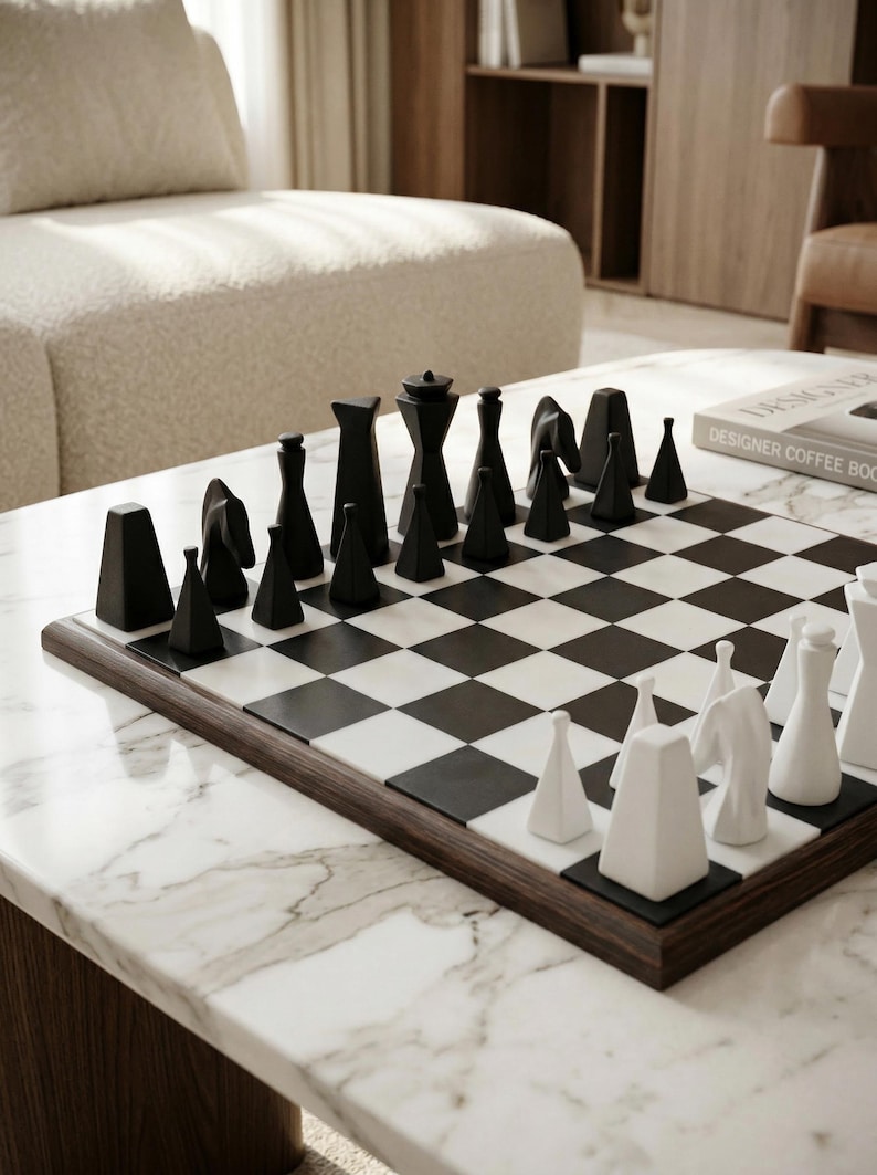 May include: A contemporary chess set featuring black and white pieces on a chequered board. The chess pieces are black and geometric, and the board has a dark wood frame. The board is on a marble table.
