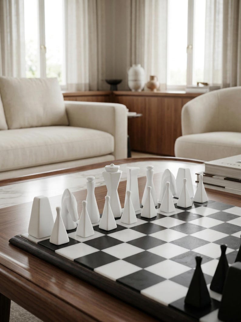 Modern Chess Set for Home Decor - Wooden Board - Handmade Minimalist Chess Board, Unique Table Accent, Stylish Gift for Him or Office image 16