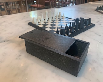 Chess Set, Travel Size, Glitter Black & Cream, Handmade, Modern Pieces, Minimalist design