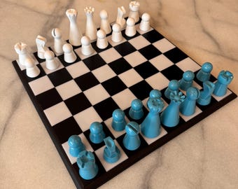 Turquoise Chess Set: Handmade Modern Lighthouse Model, Weighted Pieces