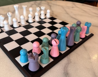 Handmade Minimalist Chess Set: Mixed Pastel Colors, Lighthouse Model