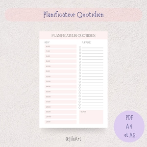 Könnte beinhalten: Ein druckbarer Tagesplaner auf Französisch mit rosa Hintergrund. Der Planer hat Bereiche für Termine und Aufgaben. Der Text "Planificateur Quotidien" steht oben auf der Seite. Der Planer ist in den Größen A4 und A5 erhältlich.