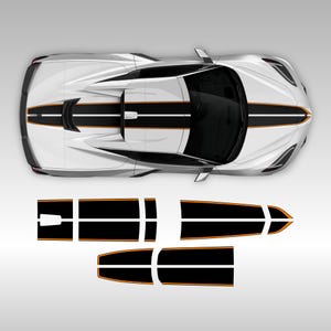 Puede incluir: Un conjunto de rayas de carreras negras y naranjas para un coche. Las rayas están diseñadas para adaptarse a un Corvette. Las rayas están hechas de vinilo de alta calidad y son fáciles de aplicar.