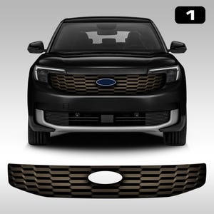 Pode incluir: Um SUV preto com uma grelha em favo de mel castanha e preta e um emblema oval azul. A imagem também mostra uma grelha separada com um oval branco. O número "1" está no canto superior direito.