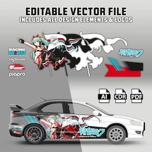 May include: A black car with a racing wrap featuring a cartoon anime character with green hair and a red and white flag. The car has the text "Racing Miku Hatsune Miku" on the side. The image includes the logos for Crypton, Piapro, and Goodsmile Racing.