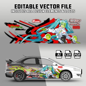 May include: A black car with a racing design featuring a green and red flame pattern, a cartoon character with blue hair, and the text "Hatsune Miku Racing Miku".