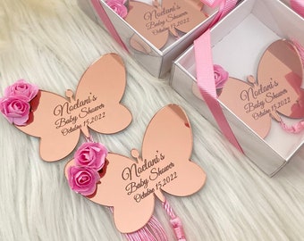 Imán de espejo con mariposa en oro rosa, detalle personalizado para baby shower