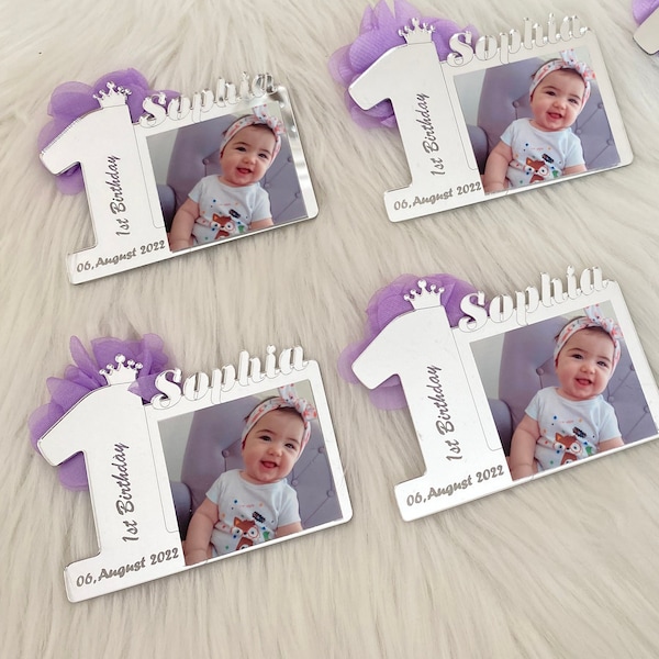 Silver Birthay Photo Magnets, First Birthday Party Favors, Birthday Party Gifts, First Birthday Magnet, Baby Picture Frame