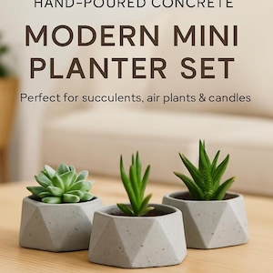 Geometric Concrete Succulent Planters – Set of 3 Mini Faceted Pots, Modern Minimalist Home Decor, Desk Planters, Air Plant Pots